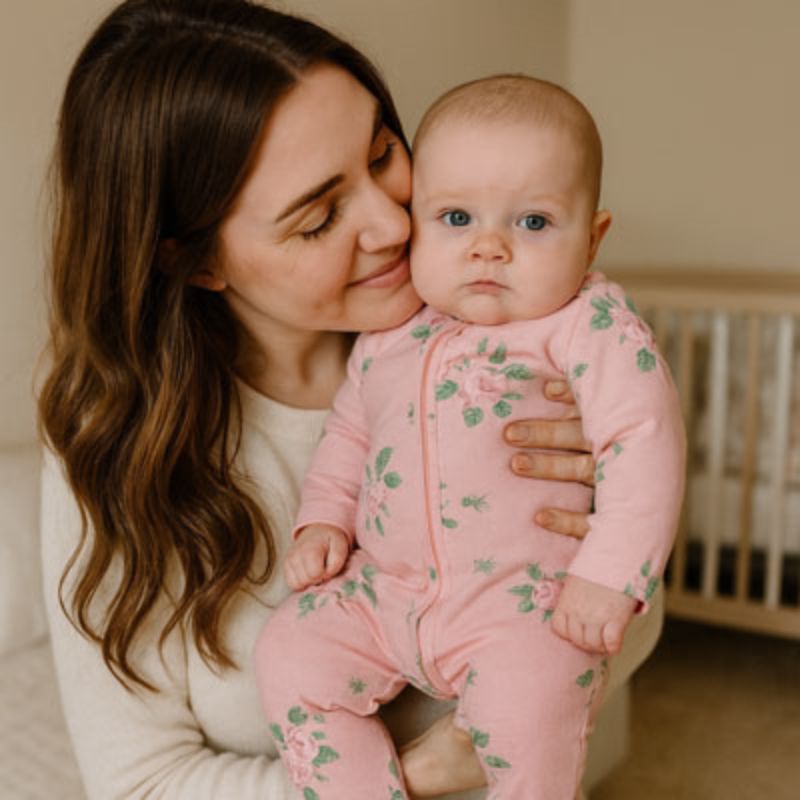 Pyjama bebe à imprimés tendres avec fermeture zippée, bébé souriant dans les bras.