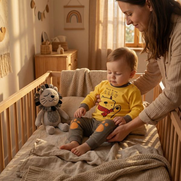 Pyjama bebe jaune motif ours, bebe assis dans lit avec maman