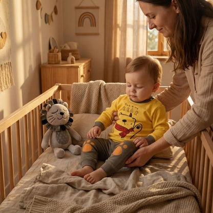 Pyjama bebe jaune motif ours, bebe assis dans lit avec maman