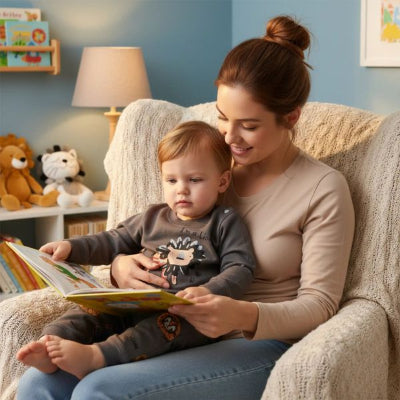 Pyjama bebe : la maman lit une histoire à son petit garçon avant le coucher