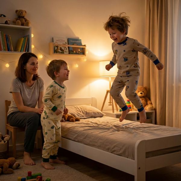 Pyjama bebe : maman et deux enfants en pyjamas a motifs chars verts  et Robots bleus/jaunes jouent sur le lit