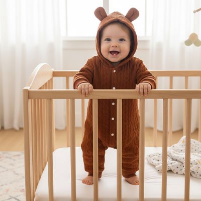 Pyjama bebe marron chocolat avec capuche à oreilles porté par un bébé debout dans un lit 