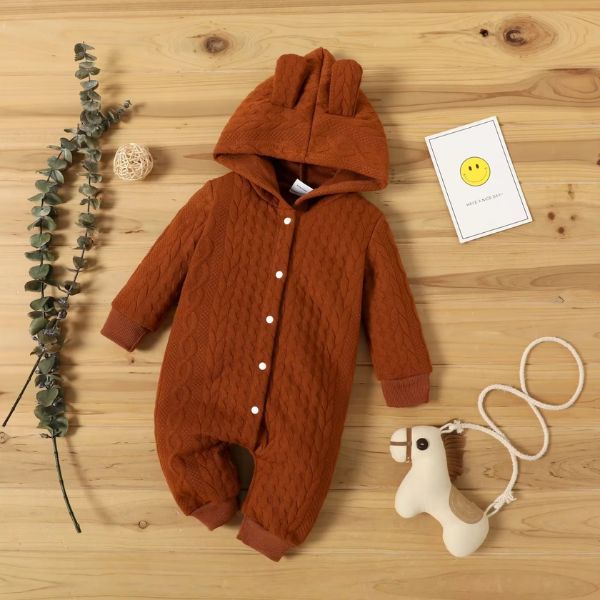 Pyjama bebe marron chocolat tricoté avec capuche à oreilles et boutons pression