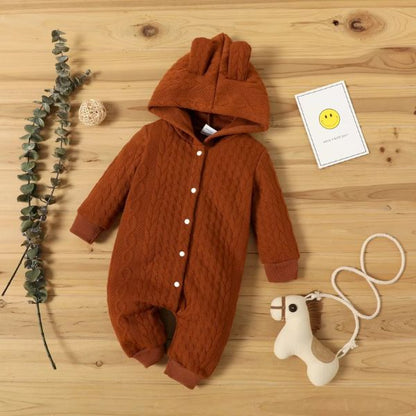 Pyjama bebe marron chocolat tricoté avec capuche à oreilles et boutons pression