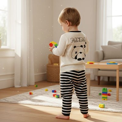 Pyjama bebe motif Panda rayures noires, enfant de dos jouant