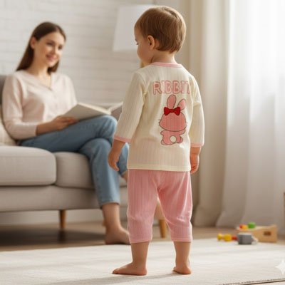 Pyjama bebe motif lapin Ridbit, enfant de dos avec maman