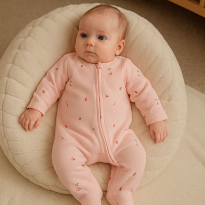 Pyjama bebe rose à motifs avec fermeture zippée, bébé sur coussin blanc moelleux