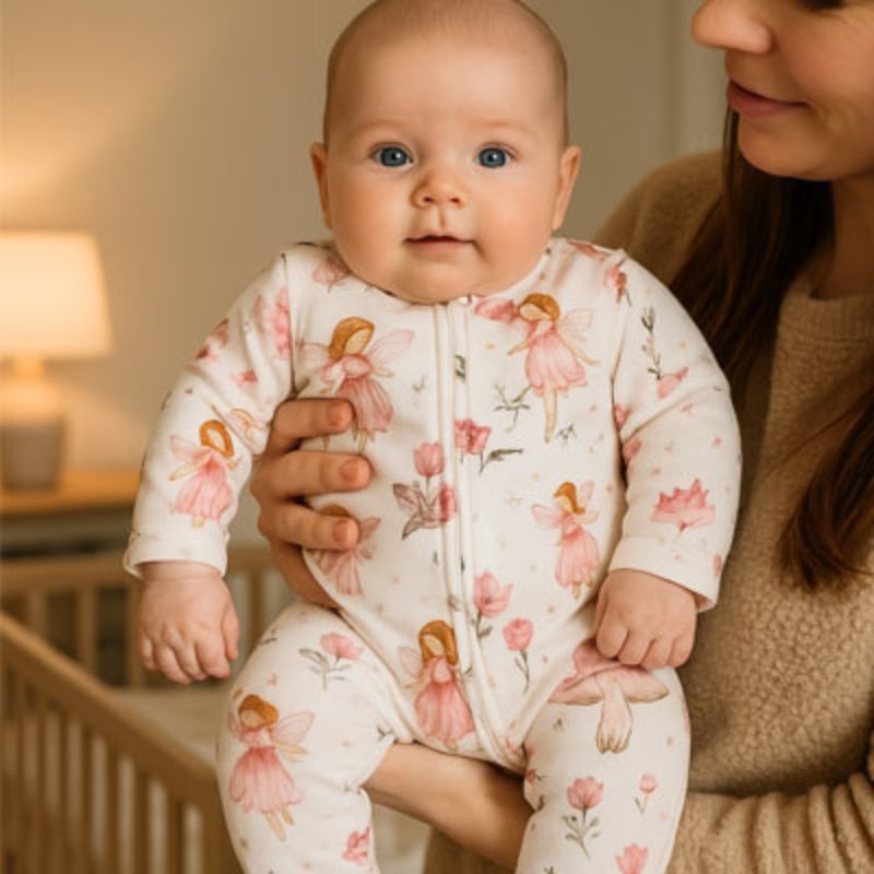Pyjama bebe rose à motifs floraux, moment tendre entre maman et bébé