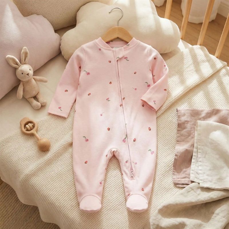 Pyjama bebe rose à petits motifs avec fermeture pressions, posé sur textiles doux avec peluches.