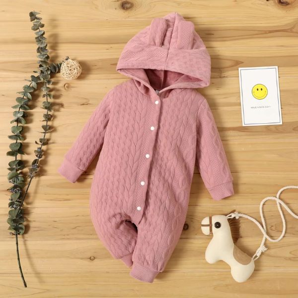 Pyjama bebe rose poudré avec capuche à oreilles et boutons pression