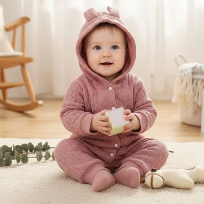 Pyjama bebe rose poudré avec capuche à oreilles porté par un bébé assis tenant un cube