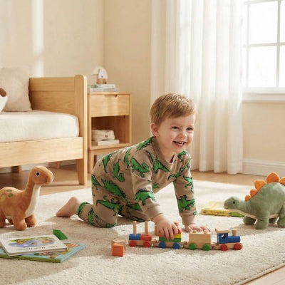 Pyjama bebe : un petit garçon joue avec des jeux en bois