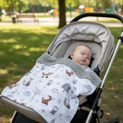 Un bébé dort dans une poussette enveloppe dans une couverture bébé douce et confortable.