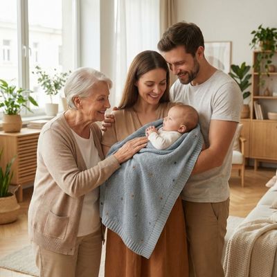  la couverture tricotée bleu gis enveloppant le nouveau-né, entouré de ses parents et sa grand-mère dans un intérieur lumineux et chaleureux.